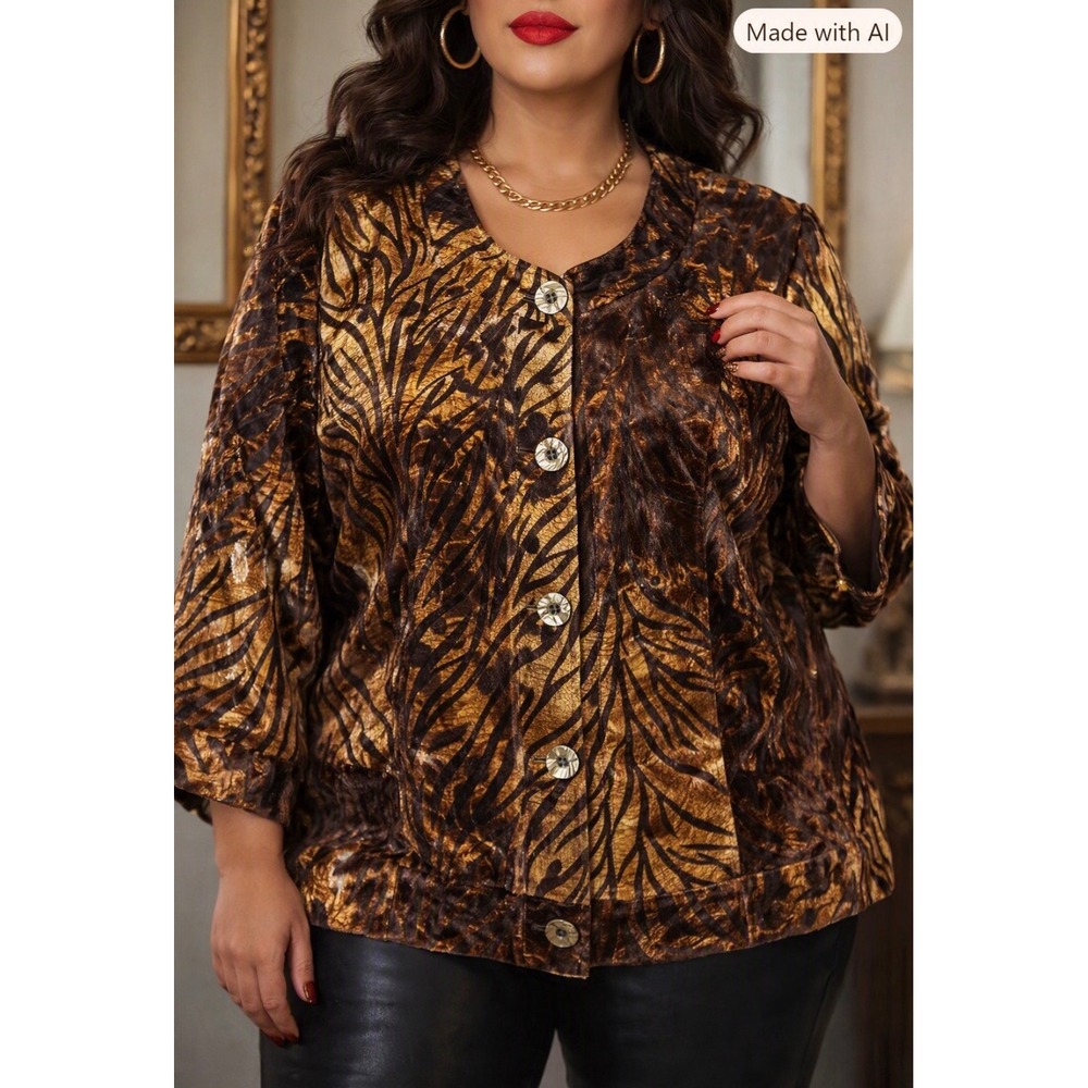 Mob Wife Burnout Velvet Jacket L Coldwater Creek Metallic Gold Tiger Print Mesh
